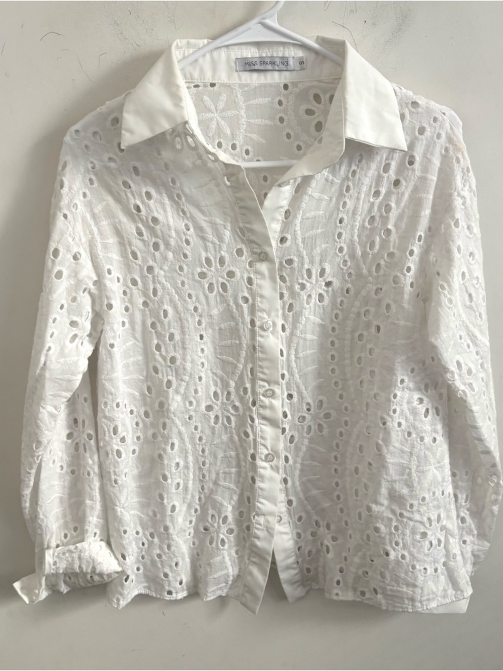 Women's Lace Eyelet Blouse Floral Button Up White Feminine Romantic Small Beach